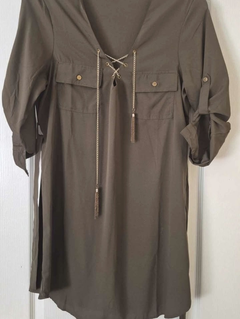 Olive Green Lace-Up Utility Shirt Dress